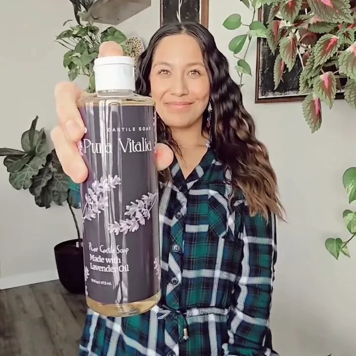 A Pura Vitalia castile soap bottle at home