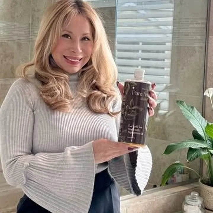 A Pura Vitalia castile soap bottle at home