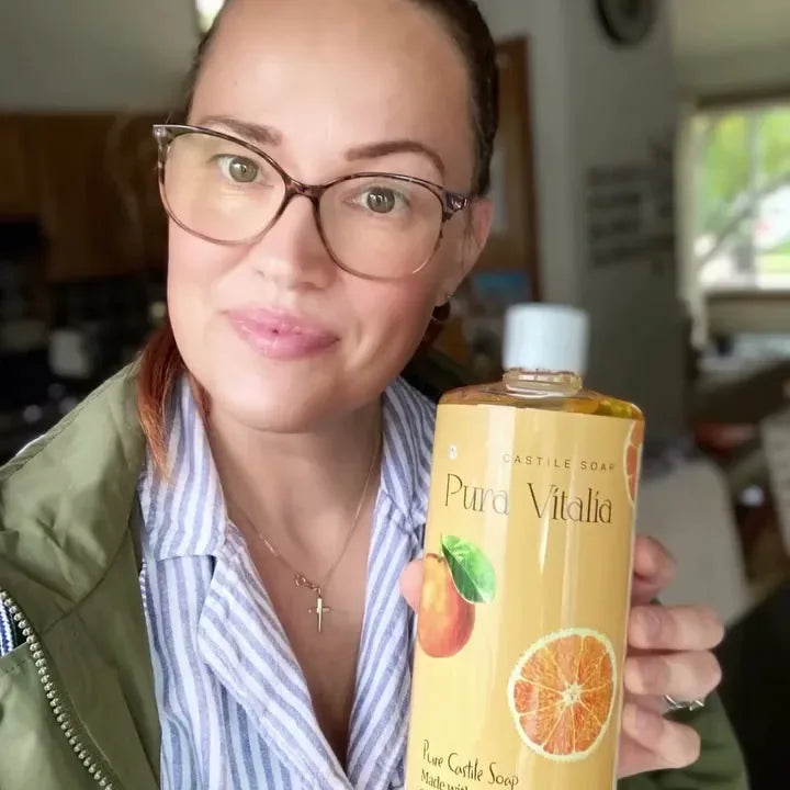 A Pura Vitalia castile soap bottle at home