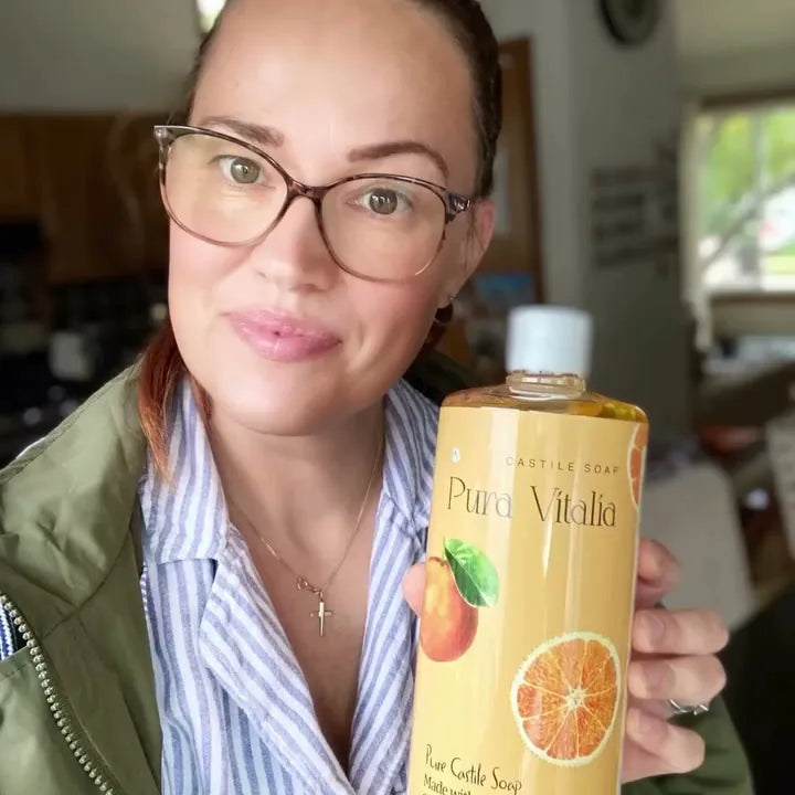 A Pura Vitalia castile soap bottle at home