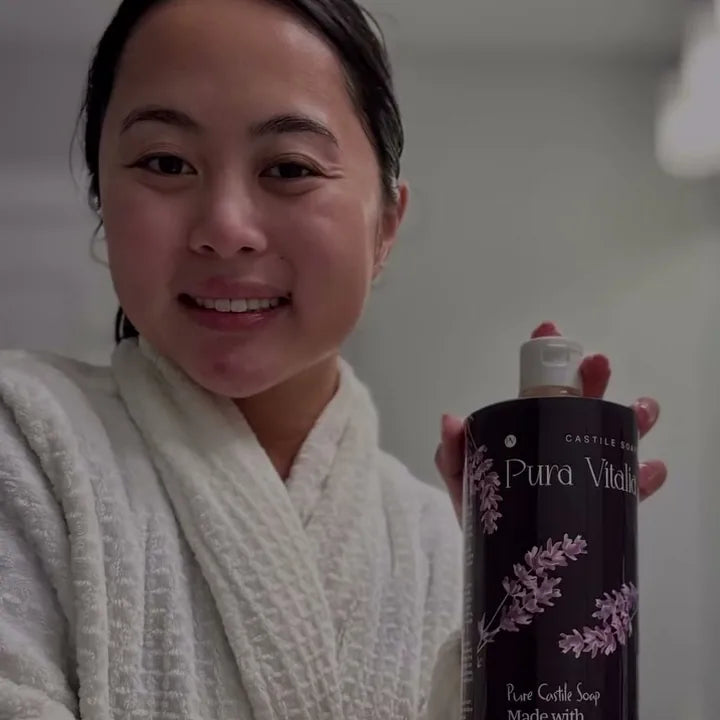 A Pura Vitalia castile soap bottle at home