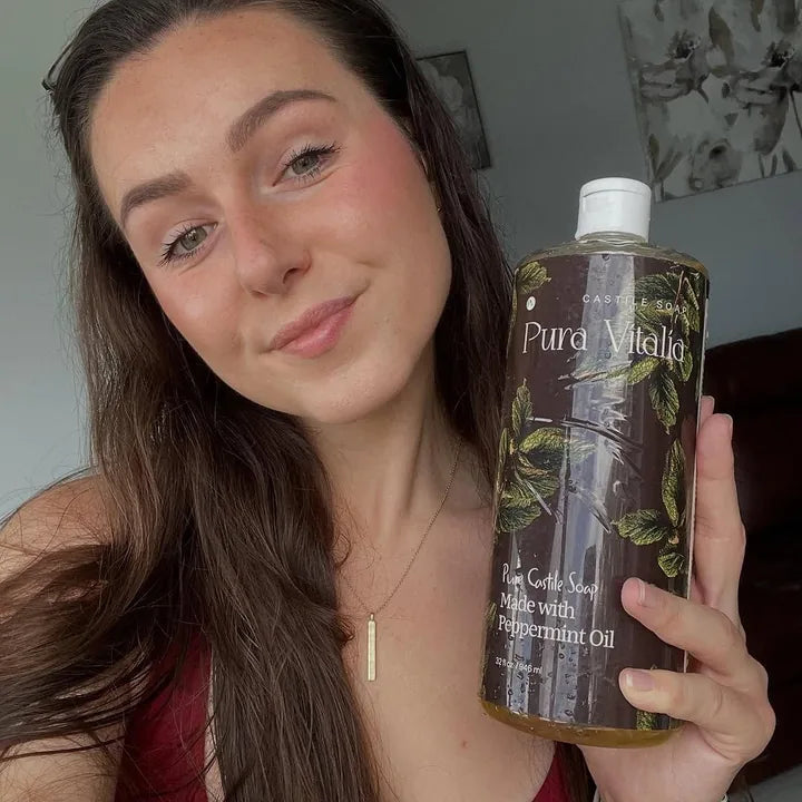 A Pura Vitalia castile soap bottle at home