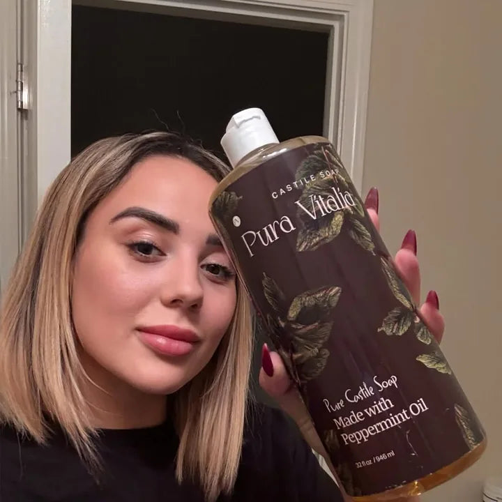 A Pura Vitalia castile soap bottle at home