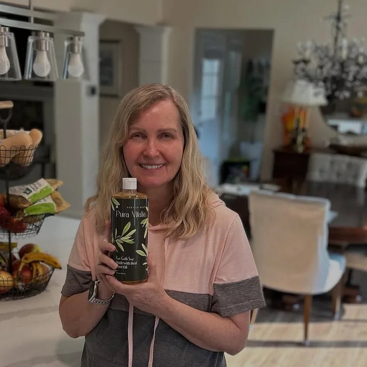 A Pura Vitalia castile soap bottle at home