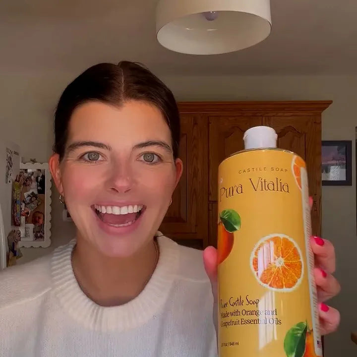 A Pura Vitalia castile soap bottle at home