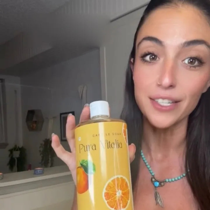 A Pura Vitalia castile soap bottle at home