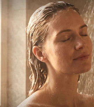 A woman rinsing her hair in the shower