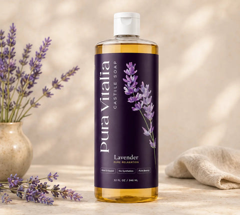 Pura Vitalia Lavender castile soap body wash, 32 fl oz, with lavender sprigs