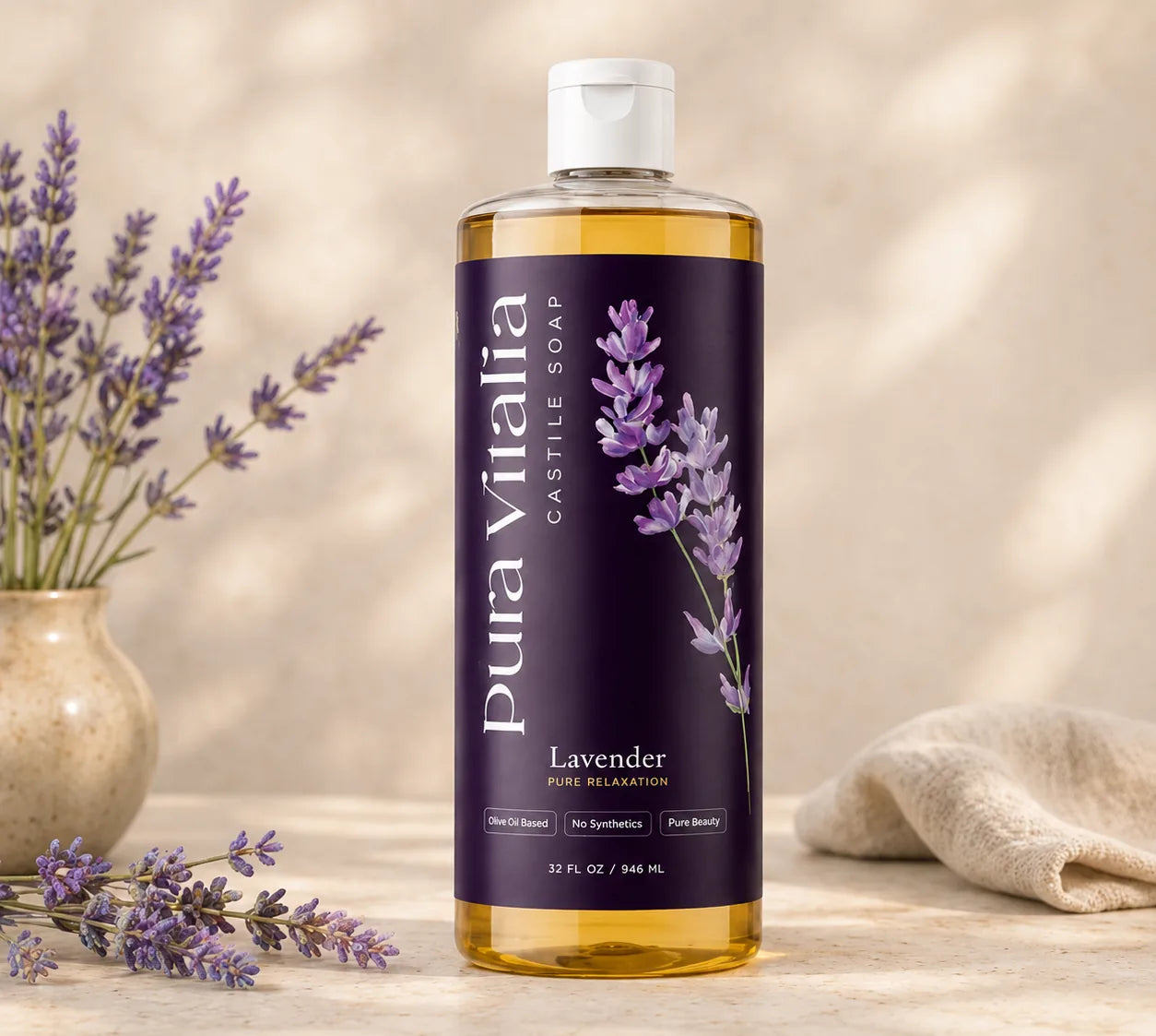 Pura Vitalia Lavender castile soap with lavender sprigs in a vase