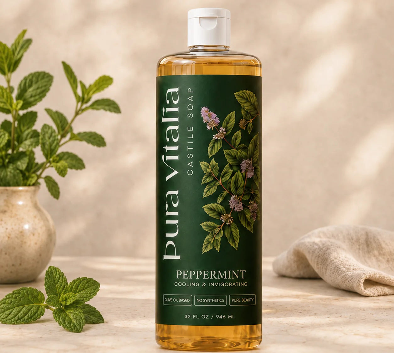 Pura Vitalia Peppermint castile soap with fresh mint