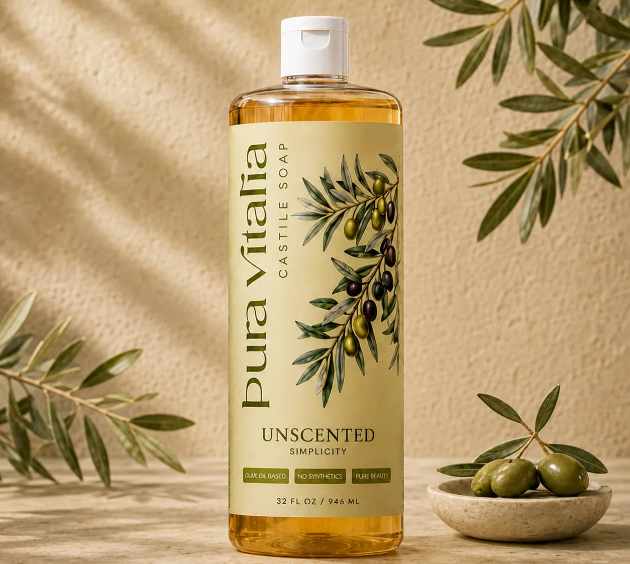 Pura Vitalia Unscented castile soap with olive branches